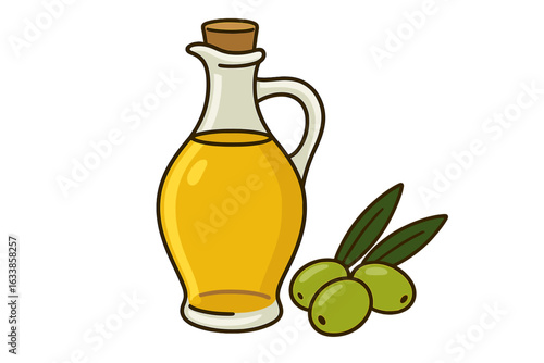 Olive oil bottle with green olives and leaves, transparent background, cooking ingredient, healthy Mediterranean food, natural extra virgin oil, kitchen illustration, organic product, vector art