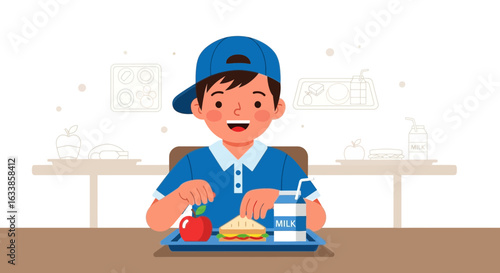 Cheerful Boy Enjoys A Healthy Lunch At School With Apple And Sandwich