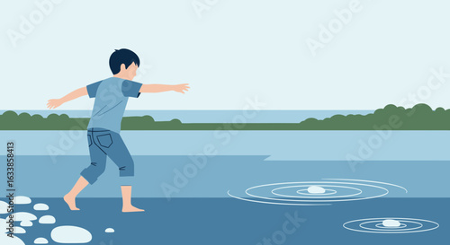 Boy Skipping Stones At Water's Edge On A Calm Summer Day By The Lake
