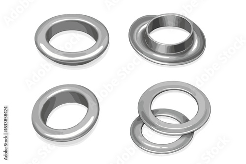 Realistic metallic grommet set, four types, vector illustration, shiny chrome metal eyelets, industrial sewing fasteners, hardware washer rings, isolated transparent background, 3D rendering