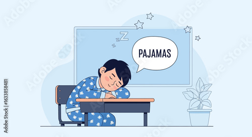 Boy Sleeping In Classroom While Wearing Pajamas Dreamy Illustration