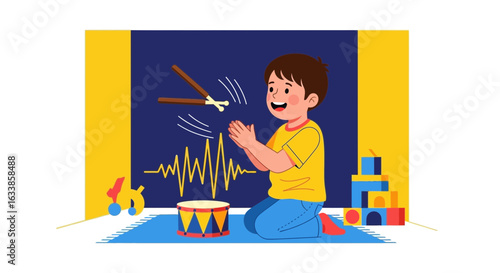 Cheerful Boy Playing Drum Kit Illustration With Sound Waves And Toy