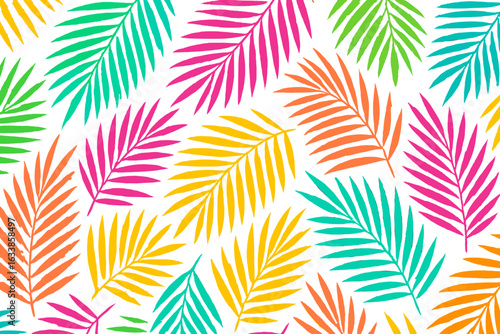 Tropical palm leaves seamless pattern background. Colorful botanical foliage vector illustration. Summer jungle greenery, vibrant exotic nature ornament. Hand drawn paradise rainforest decor