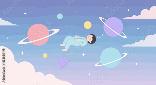 Boy Sleeping Peacefully Among Planets Floating In A Celestial Dreamland