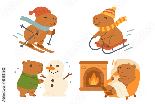 Cute capybaras skiing, sledding, making snowman, and relaxing by fireplace. Winter activities, leisure, holidays, cozy flat cartoon vector illustration, transparent background, set of four scenes