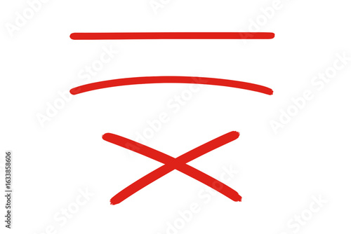 Red marker underline, curved highlight, and cross mark isolated on white. Underlining, emphasizing, correction, and deletion symbols. Vector illustration. Editing marks, checking, proofreading