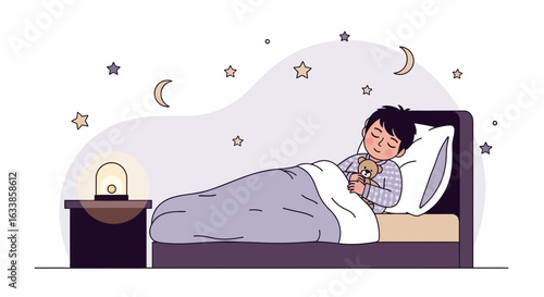 Boy Sleeping Peacefully With His Teddy Bear Under A Starry Night Sky