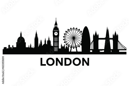 London city skyline silhouette vector. Famous UK landmarks Big Ben, London Eye, Gherkin, Tower Bridge, St Paul’s Cathedral. Iconic urban cityscape outline. British travel destination illustration.