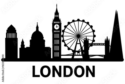 London city skyline silhouette vector. Landmark buildings and monuments. Big Ben, Tower Bridge, London Eye, Shard. Urban skyline illustration. Famous tourist destination. England cityscape art.