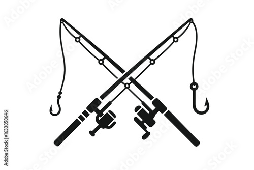 Crossed fishing rods with spinning reels and hooks, black and white vector silhouette, sport fishing gear icon, angling equipment, minimalist isolated illustration, transparent background design