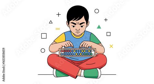 Boy Concentrating Doing Math Exercises Using Abacus With Mathematical Symbols