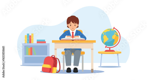 Cheerful Boy Studying In Classroom Read Open Book Doing Schoolwork Alone