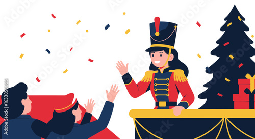 Cheerful Celebration With Smiling Nutcracker And Excited Crowd On Parade