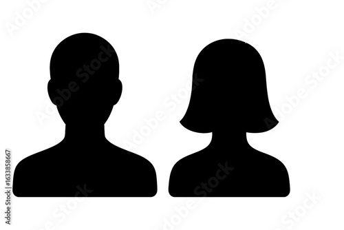 Male and female head icon silhouettes, gender profile symbols, anonymous avatar, black vector illustration, unisex human figure, male female user pictogram, blank people face isolated