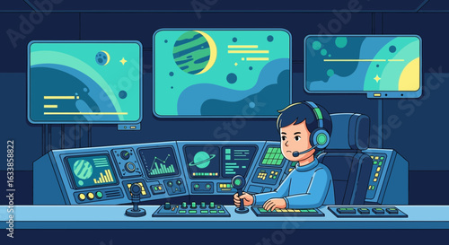 Boy Controls Spacecraft In Mission Control Room With Large Monitors Displaying Planets