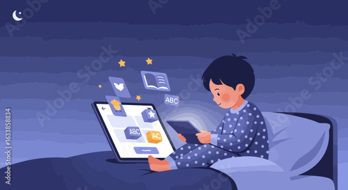 Boy Studies Online Before Sleep Using Tablet and Educational Applications