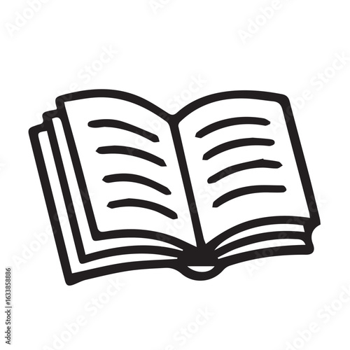 A simple black and white vector design featuring an open book with black outline, ideal for minimalistic educational or literary themes.

