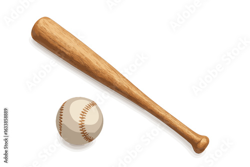 Realistic wooden baseball bat and ball vector illustration. Isolated sports equipment on white background. Classic wood bat, detailed leather baseball, game, recreation, competition, teamwork concept.