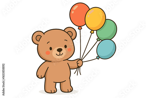 Cute teddy bear holding colorful party balloons. Cartoon animal character with red, yellow, green, and blue balloons. Birthday celebration, kid's party, nursery, isolated vector illustration
