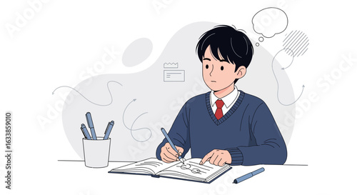 Boy Thinking While Drawing or Writing In His Notebook At The Desk