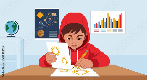 Boy Studying Science Illustration With Planet And Data At Home Education