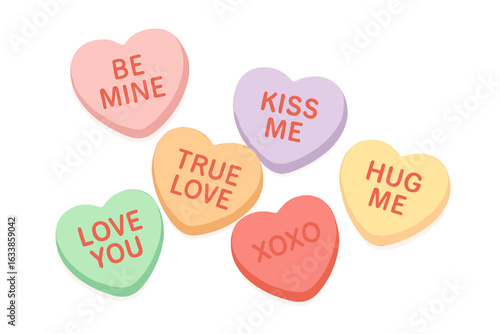 Sweetheart candy hearts isolated on white background, Valentine’s Day conversation sweets, romantic sugar treats with love messages, colorful heart-shaped candies vector illustration