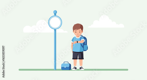 Boy Waiting for the School Bus Is Checking the Time on His Watch