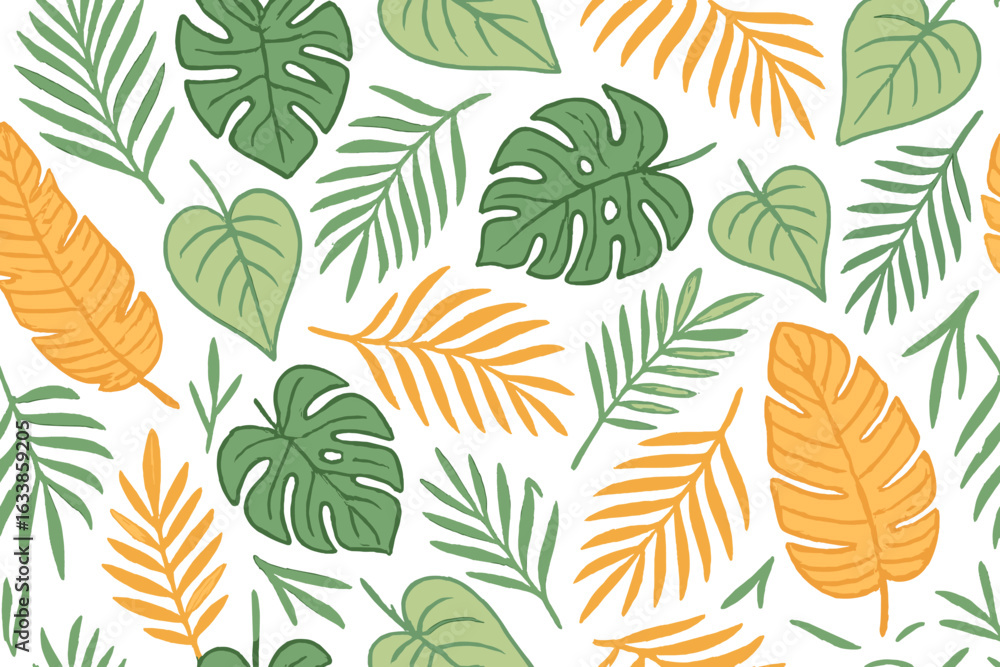 Obraz premium Seamless tropical leaf pattern, vibrant retro jungle foliage illustration, palm, monstera and banana leaves, green and orange hand drawn botanical vector, nature background, exotic summer wallpaper