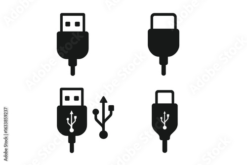 USB cable icons set, vector illustration, flat design, isolated on white, technology connection collection, black computer interface, Type A connectors with USB logo symbols, data transfer