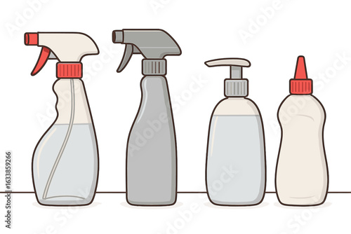 Cleaning spray bottles and liquid dispensers in minimalistic cartoon style. Vector illustration of plastic spray bottles, pump dispenser, squeeze bottle with red and grey tops, isolated on white