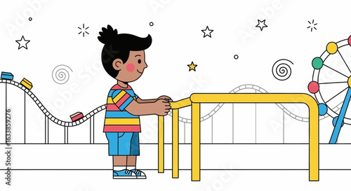 Boy Watching Roller Coaster And Ferris Wheel In Amusement Park Cartoon