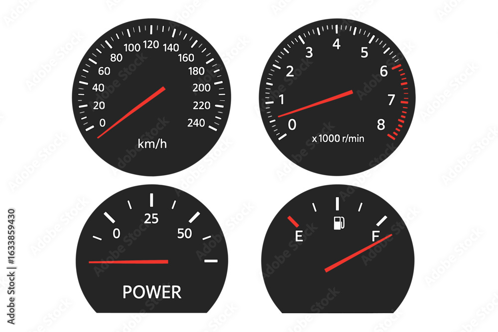 Naklejka premium Car dashboard speedometer tachometer fuel gauge power meter set, vector automotive instrument panel dials, black analog cluster, realistic dashboard gauges, isolated transparent auto display