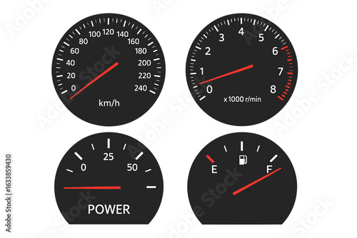 Car dashboard speedometer tachometer fuel gauge power meter set, vector automotive instrument panel dials, black analog cluster, realistic dashboard gauges, isolated transparent auto display
