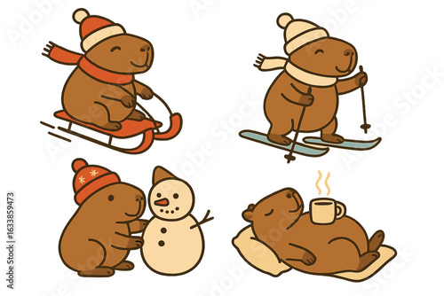 Cute capybara winter activities vector set. Cartoon capybara sledding, skiing, making snowman, relaxing with hot drink. Winter sports, cozy rest, animal leisure, Christmas holidays, outdoor fun