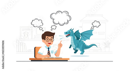 Boy Dreams Of Dragons While Reading A Fantasy Story For Children
