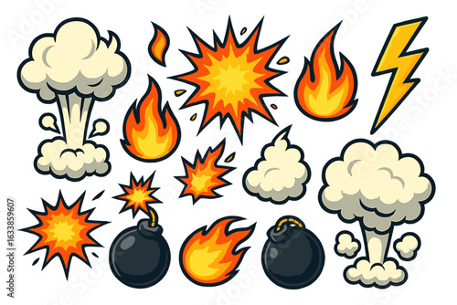 Cartoon Explosion Elements Vector Set. Fire, Bomb, Smoke, Lightning, Blast, Flash, Cloud, Fiery Detonation, Energy Burst, Comic Style Explosive Symbols, Isolated Icon Collection