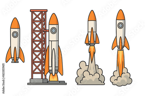 Rocket launch sequence vector illustration, cartoon spaceship designs showing preparation, ignition, liftoff, ascent, engineering, space exploration concept, isolated, transparent background