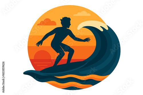 Vibrant sunset surfing vector illustration, dynamic surfer riding ocean wave, tropical beach adventure concept, silhouette design, water sports leisure activity, colorful coastal vacation art