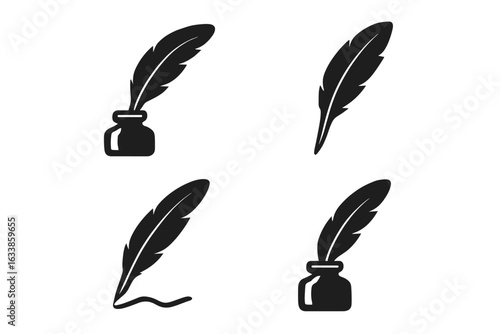 Quill pen and inkwell black outline icon set. Feather writing symbols, vintage literature, calligraphy, manuscript, author, poetry, script, transparent background, editable vector illustration