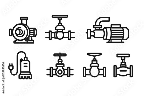 Industrial pump and valve icons set, plumbing equipment vector illustration. Mechanical pipeline fittings, electric motor pump, water valves, utility symbols, HVAC plumbing parts isolated collection.