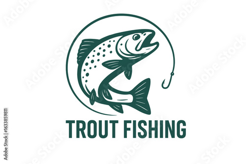 Trout fishing logo vector, jumping trout fish illustration, fishing hook, vintage emblem, aquatic sports badge, freshwater fishing branding, angler competition symbol, outdoor adventure art