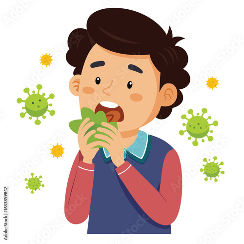 A cartoon man sneezing into a tissue with visible germs, representing illness, allergies, and seasonal colds.