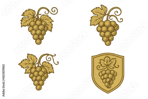 Vintage golden grapes emblems vector set, elegant wine label design, ornate grapevine cluster illustration, retro winery badge, vineyard crest collection, isolated transparent background