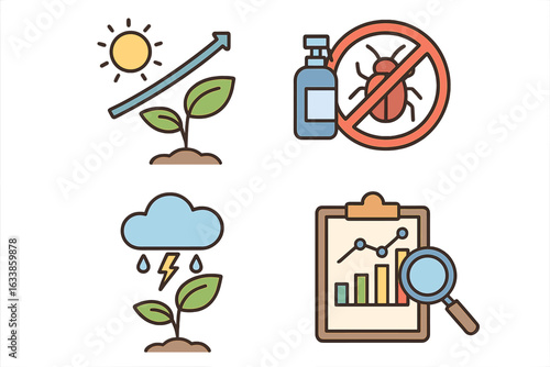 Agriculture growth sunshine plant rainfall pest control vector set. Crop yield improvement, plant growth weather impact, agriculture pest management, farm data checklist analysis concept illustration.
