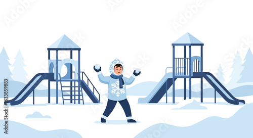 Boy With Snowballs Enjoys Fun Winter Day At Snowy Playground