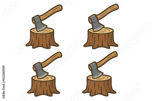 Cartoon woodcutter axe in stump set, four chopping axes and logs, lumberjack tool, forestry, timber cutting equipment, logging, isolated vector illustration, transparent background, hand-drawn style