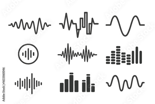 Audio sound waveforms vector set. Black linear, abstract, bar, pulse, and sinusoidal signal icons for music, voice, podcast, radio, equalizer, volume, frequency, sound design, and technology