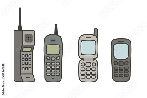 Vintage mobile phone evolution vector illustration. Retro cell phones, analog, digital, clamshell, keypad, antenna designs. Technological progress, mobile history, old communication devices