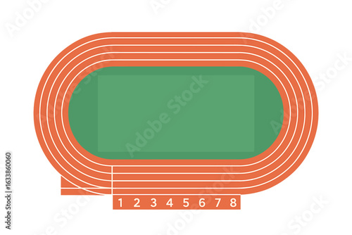 Athletics running track vector illustration. Top view sports stadium lanes. Oval outdoor field diagram. 8 lane competition racecourse for athletics, marathon, school, fitness, Olympic sports events.
