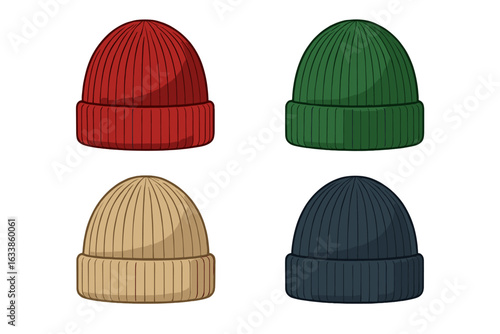 Colorful wool knit beanie hats collection vector illustration. Winter fashion accessory set. Red, green, beige, navy blue ribbed warm cap design. Cozy seasonal apparel, isolated on white background